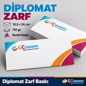 GC Tasarım logolu renkli diplomat zarf baskı, 10,5 × 24 cm, 110 gr.