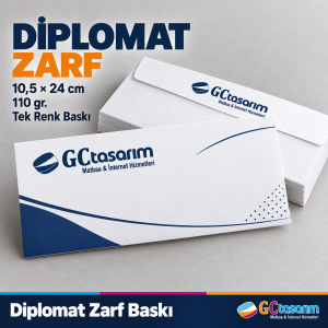 GC Tasarım logolu tek renk diplomat zarf baskı, 10,5 × 24 cm, 110 gr.